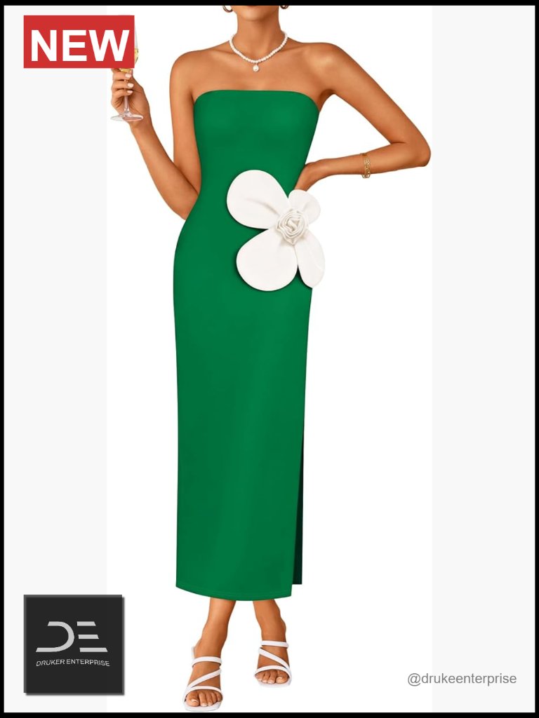 Strapless Ribbed Knit Bodycon Maxi Dress With Floral Detail